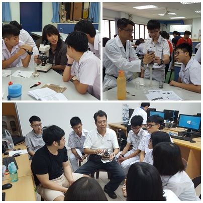 Upper left: Chairman Ming-Li Hsieh of the Department of Life Science explaining  the condition of microorganism samplings under the microscope. Upper Right: Assistant Joie Yang of the Department of Chemistry  instructing students about the process of water purification. Bottom: Chairman Ching-Tsorng Tsai and assistant of the Department of  Computer Science elaborating on the design theory of Arduino