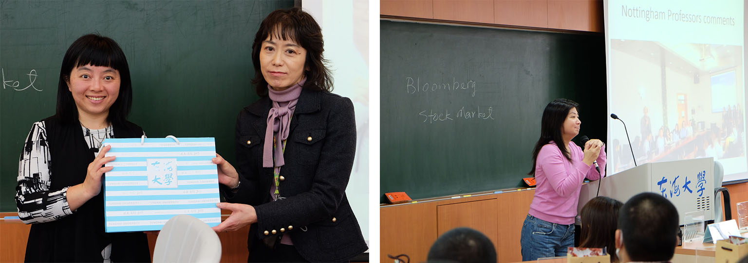 Left: Director Chih-Yun Wu (L) and Ms. Nobata Tomomi (R) exchanged presents.  Right: Dr. Wendy Wan introduced related courses and engaged with the audiences.