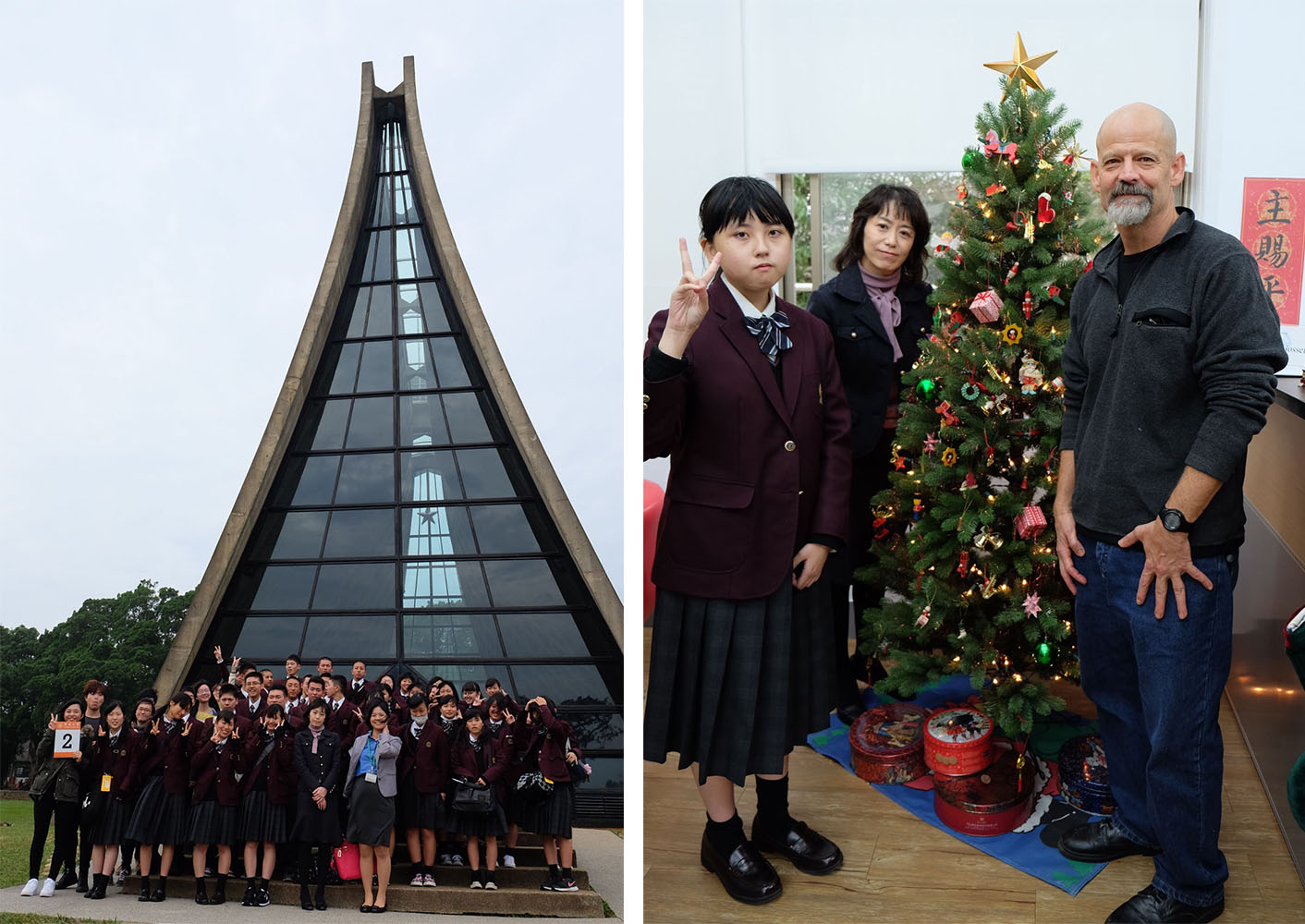 Left: Group picture of the visiting group from Toyama Shogyo High School  Right: Director James Sims welcomed the visitors in the International College office