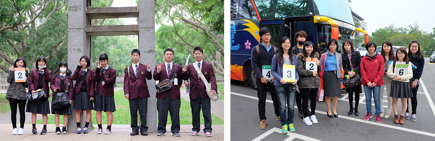 Left: Toyama Shogyo High School on a campus tour  Right: Toyama Shogyo High School thanked Tunghai&rsquo;s welcoming team and took a happy group picture