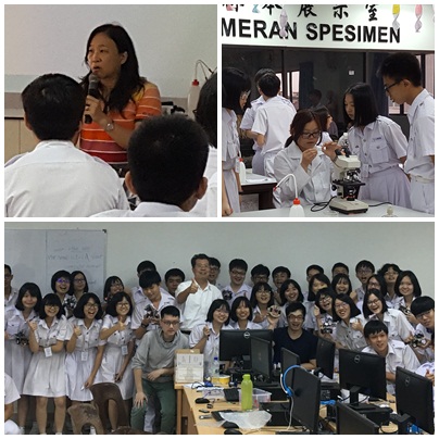 Upper Right: Chairman F.D. Lung of the Department of Chemistry explaining experiment procedures Bottom Left: Assistant Cecilia Hung of the Department of Life Science  instructing students to use microscopes Bottom: Group Picture taken after the Arduino course